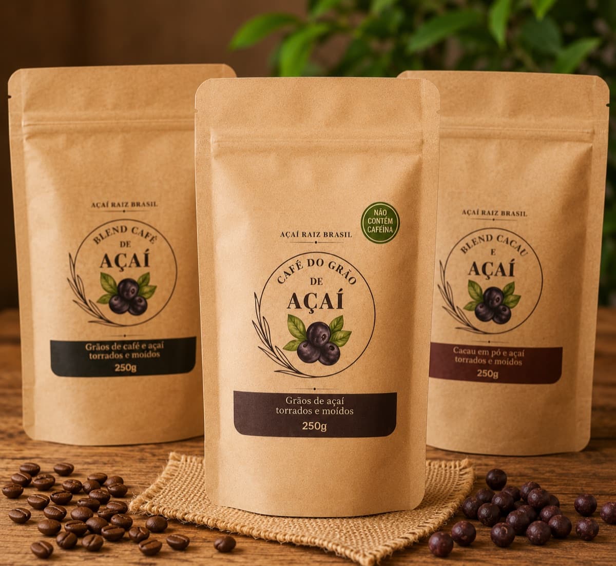 As três embalagens sobre mesa de madeira, entre grãos de café e frutos de açaí