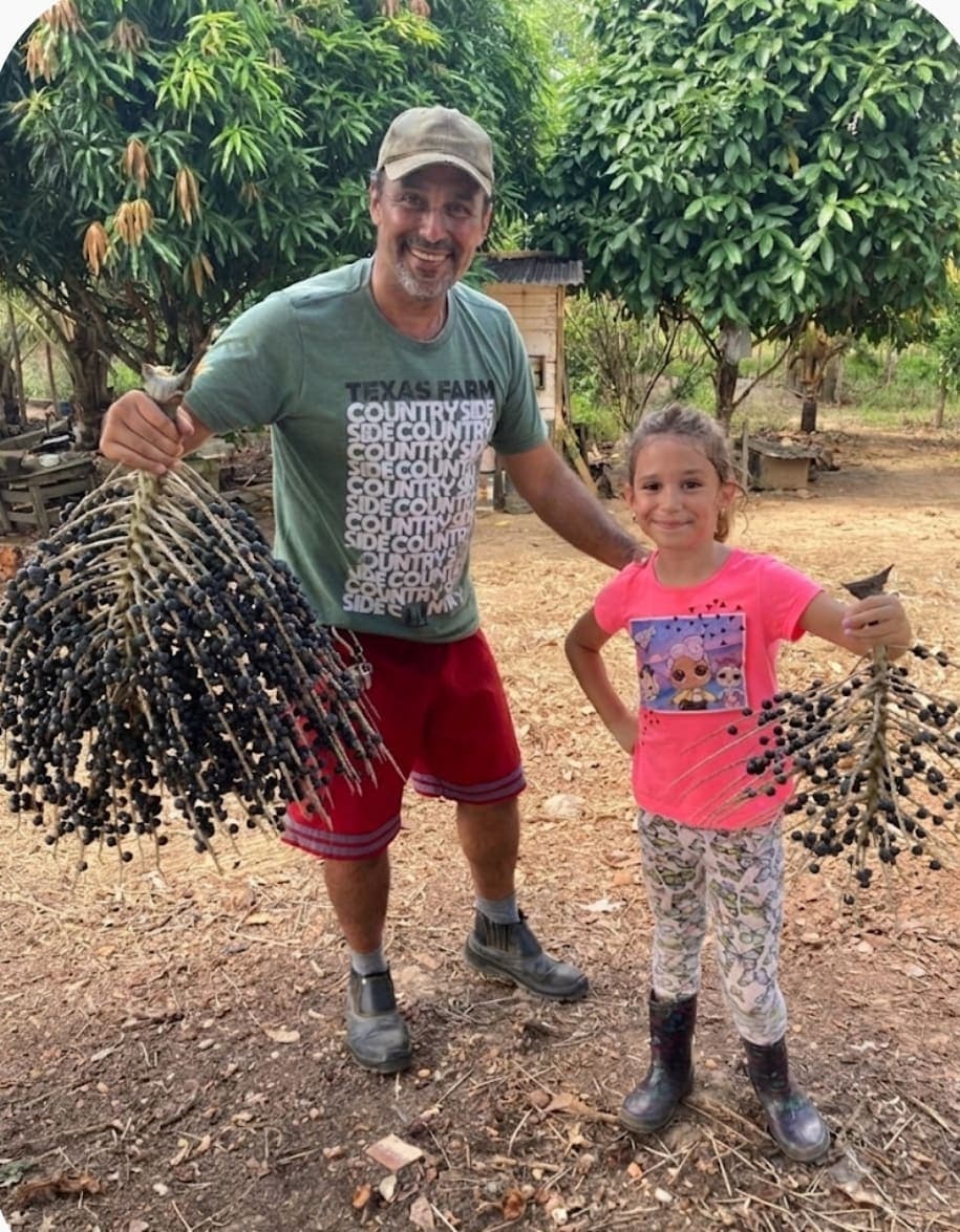Produtor e criança mostrando cachos carregados de açaí no terreiro da propriedade
