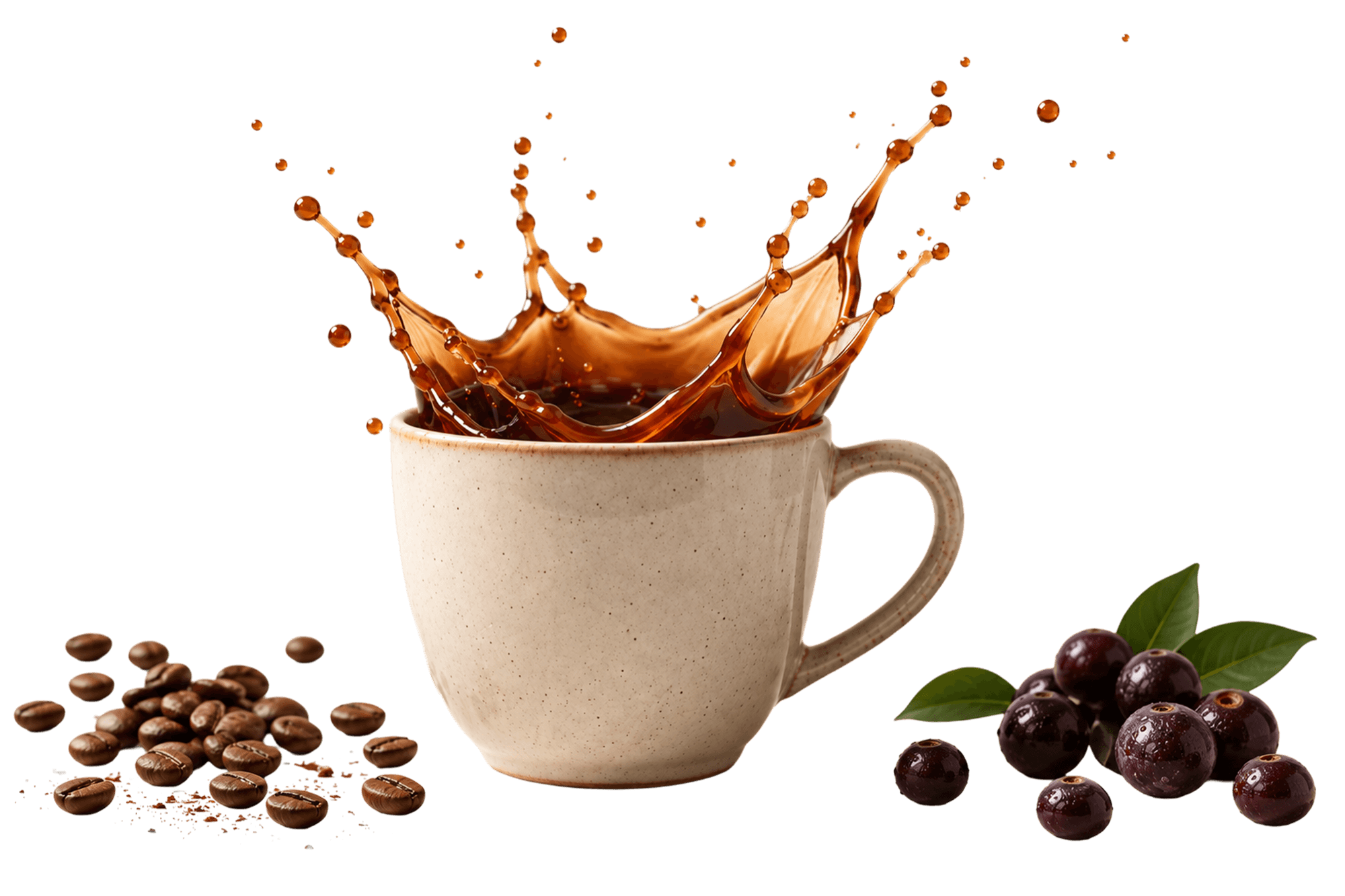 Xícara de café de açaí, com grãos e sementes ao redor
