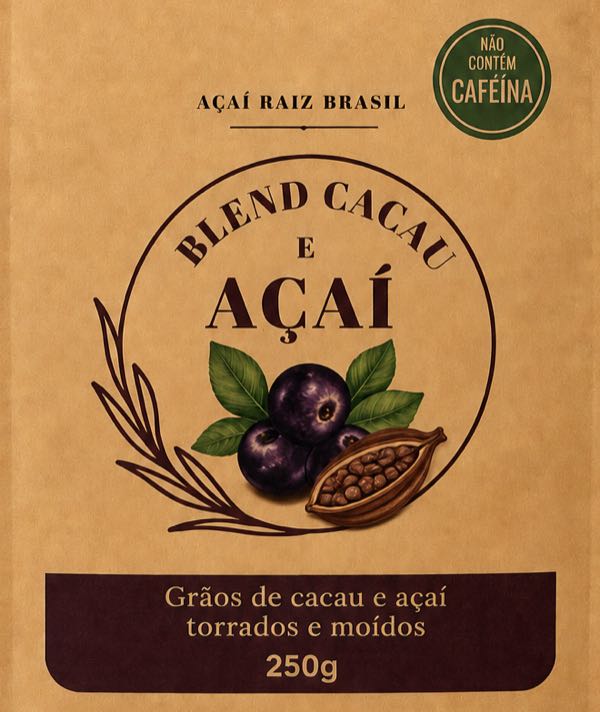 Embalagem kraft de 250g do Blend cacau e açaí, com selo de não contém cafeína